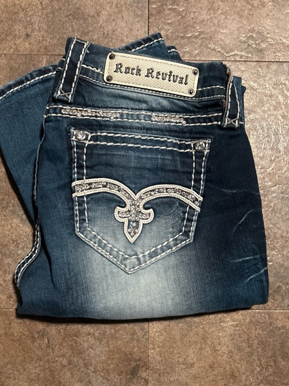 Rock Revival Women's Dark Blue Bootcut Jeans with Embellished Back Pockets